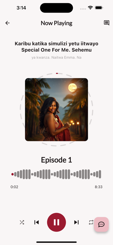 SimuliziFM Now Playing screen with audio controls